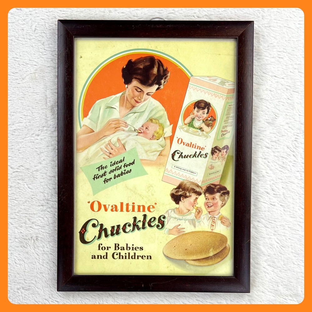 1930s Framed Ovaltine Chuckles Vintage Advertising Print 14.5" Babies & Children